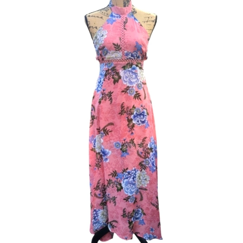 Miami Francesca's Pink Blue Floral Halter Backless Prom Maxi Dress NWOT XS